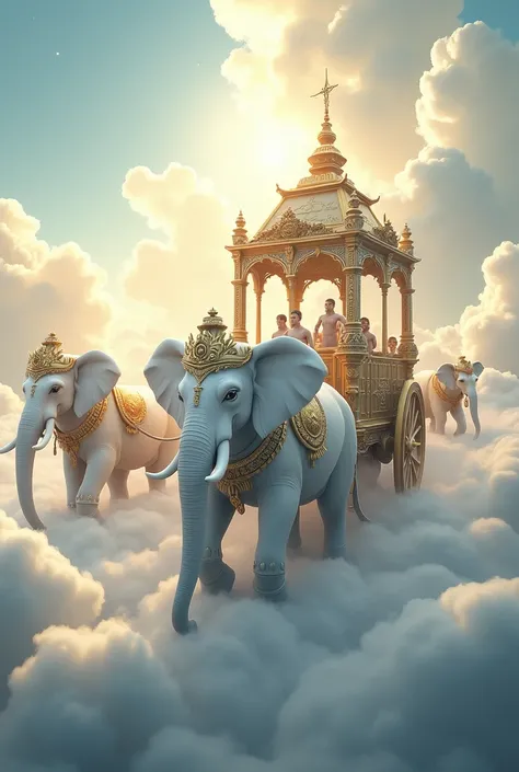 White coloured Beautiful chariot pulled by Airavat at heaven with many other elephants
