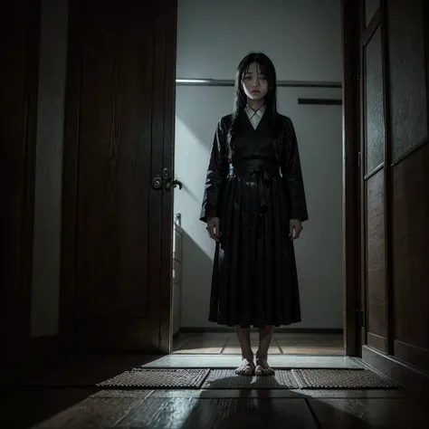 a Hanako-san, a female ghost from Japanese folklore, standing in a public womens restroom, haunting the bathroom, dark supernatural horror, eerie atmosphere, moody lighting, dramatic shadows, unsettling presence, detailed facial features, ghostly pale skin...