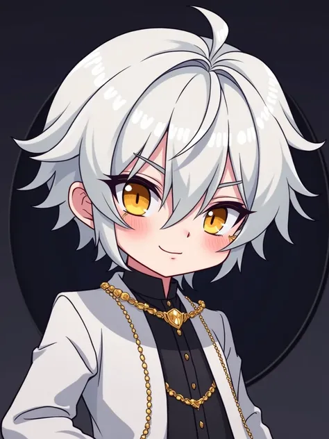 masterpiece, best quality, highly detailed, nozochibi, 1boy, simple background, masterpiece, best quality, boys, male focus, depth of field, regulus_corneas, white hair, yellow eyes, jewelry, long white jacket, sly eyes, sly smile, shaded face,(masterpiece...