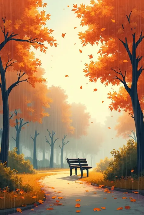 Make a simple and easy digital drawing made by one person, without it looking like artificial intelligence, of rain in autumn and a bench in profile in the distance from the screen 