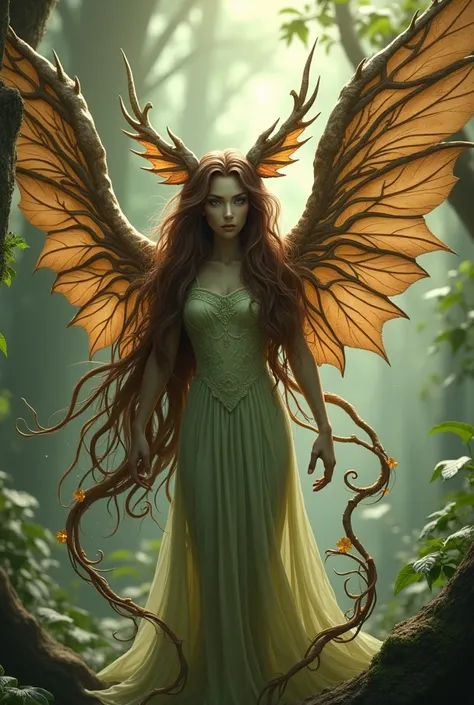 Create an illustration of a Gathlain character, a mystical and elegant creature. She must have an ethereal and charming appearance, with skin that reflects a soft or earthy green tone. Your hair must be long, brown and fluid, perhaps with intertwined stran...