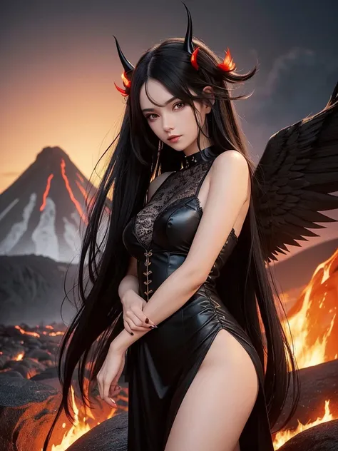 a very beautiful and cruel woman, attractive, slender, long black wavy hair, brown black eyes, black angel wings with red tips, a pair of horns, short black dress with lace cords, background a village in a volcano with lava and hot rocks