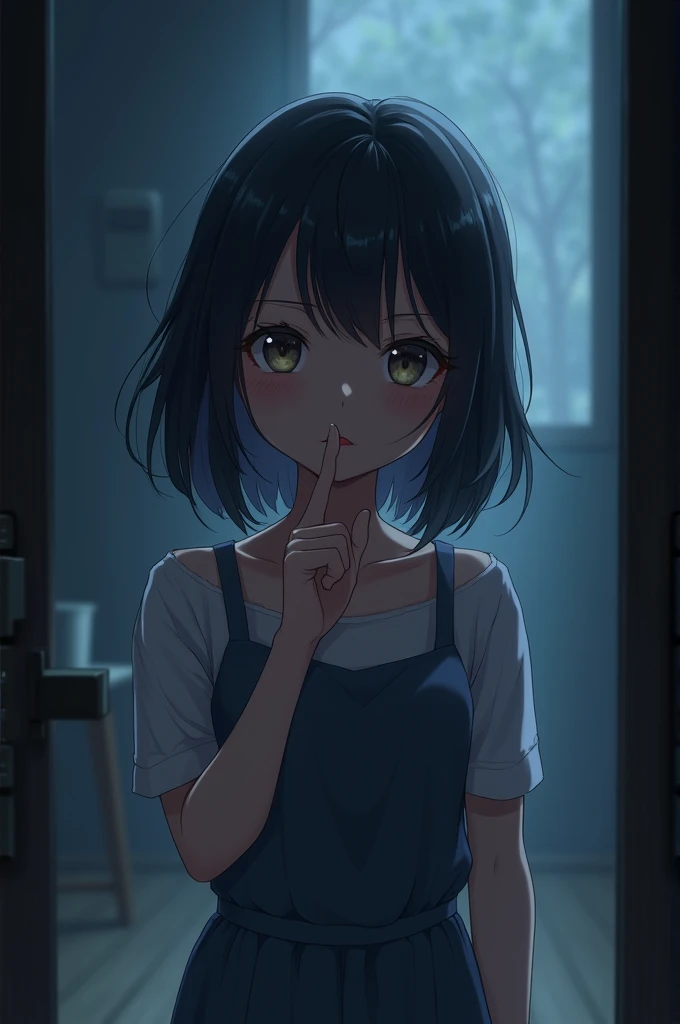 Anime girl in a dark room holding her finger up doing the shhh with her finger 