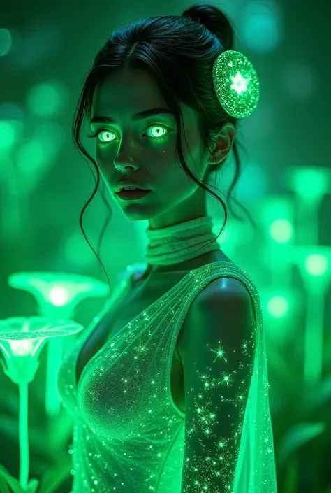 A futuristic, otherworldly woman with luminous, neon green features. Her eyes and hair emit a radiant emerald glow, blending seamlessly with the surrounding environment. The scene is set in an enchanted digital forest, where holographic plants and flowers ...