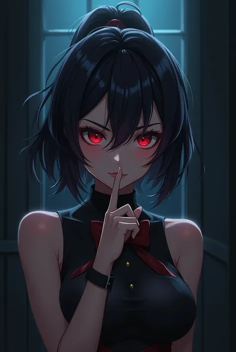 Badass Anime girl in a dark room holding her finger up doing the shhh with her finger 