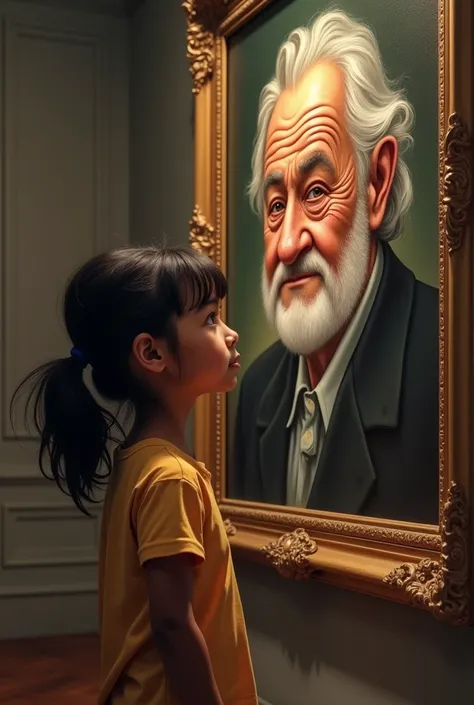 A child looking at a painting with a photograph of an old man with a lens, with dark skin and freckles on her cheeks, It was my grandfather who told me, The important thing is not to be afraid.

The image from the side about 2 meters away where you can see...