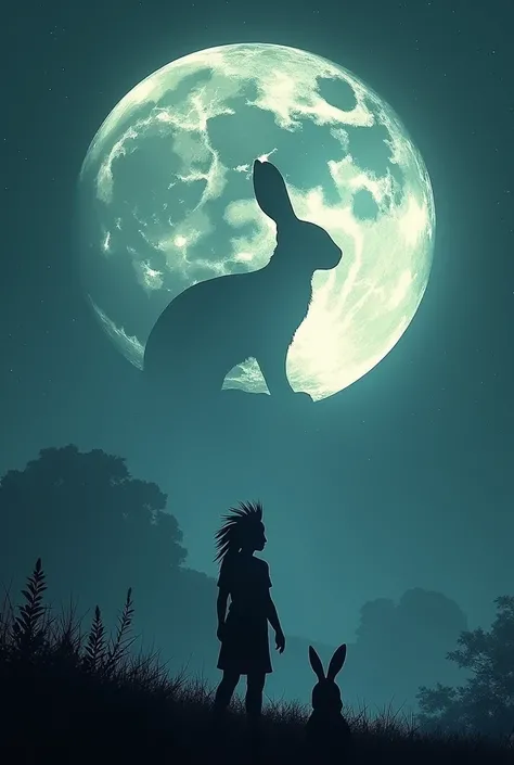 Image of a full moon with the silhouette of a rabbit inside and in the middle, created by the craters of the moon. Below is the silhouette of the god Quetzalcoatl as a human with a rabbit at his side stepping on the grass and admiring the moon. 