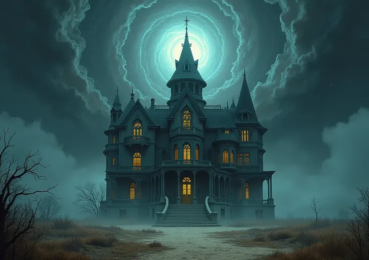 An old gothic style mansion being consumed and destroyed by a cosmic entity, and darkness spreads consuming everything around
