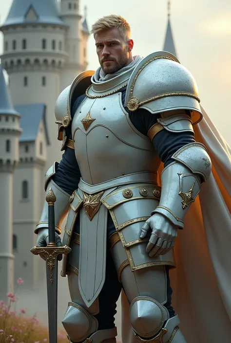 Fantasy anime paladin, 1 man, Holding a great sword, Fantasy armor, Large pauldrons, paladin, Imposing, heroic stance, Large man, muscular, Blonde hair, short blonde goatee facial hair, military style haircut, dynamic battle pose, masterpiece, ultra detail...