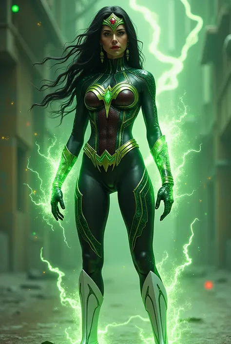 (((Olive green one-piece suit)))(((Symbiote fused with Spiderman Wonder Woman ))),(((A beautiful woman with long black hair under the mantle of the Amazon warrior Wonder Woman))),(((Wonder Woman emblem on her chest))),(((Olive Green Corset))),(((Long white...