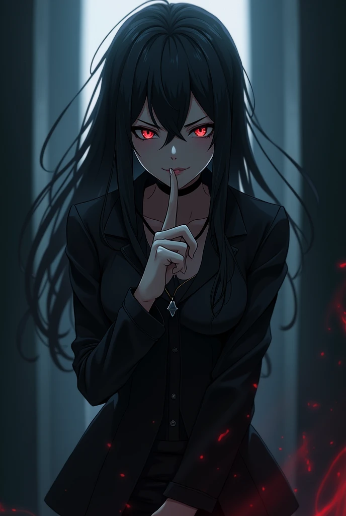 Badass Anime girl in a dark room holding her finger up doing the shhh with her finger 