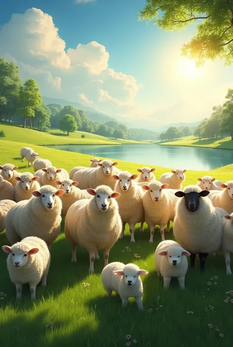 Flock of many sheep in the green pasture near a lake, sun shining, sheep with different but beautiful characteristics, make each sheep very visible, all from the front or side, none of the back, being in total fourteen adult sheep and eleven children and a...