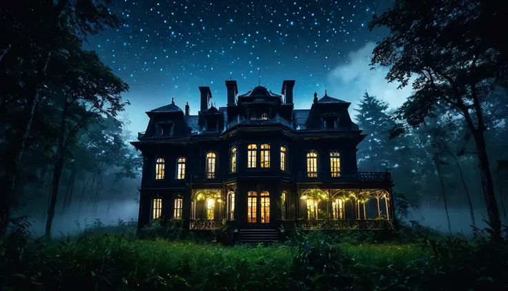 a dark black huge mansion in the dark forest , fireflies and fog around , the forest is magical
the sky is magical , night view