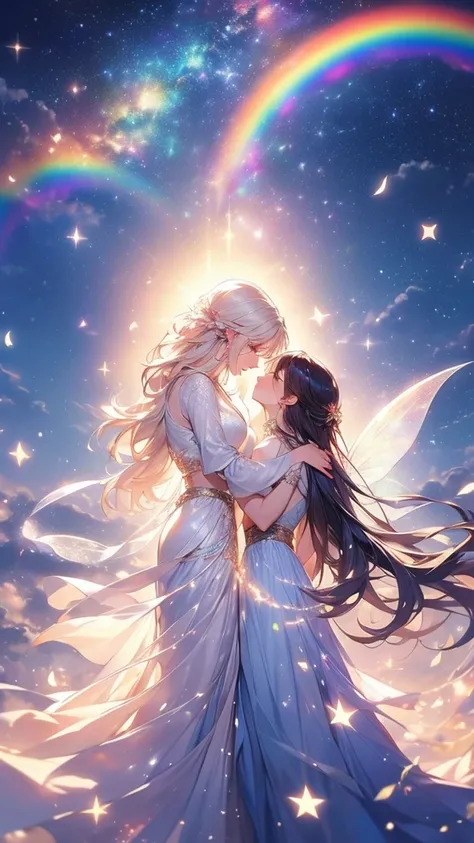 Two fairies ､Create an ethereal scene featuring two large-winged figures in flowing white dresses, floating against a starry sky. One figure gently embraces the other, offering protection. A glowing crescent moon illuminates the scene, surrounded by twinkl...