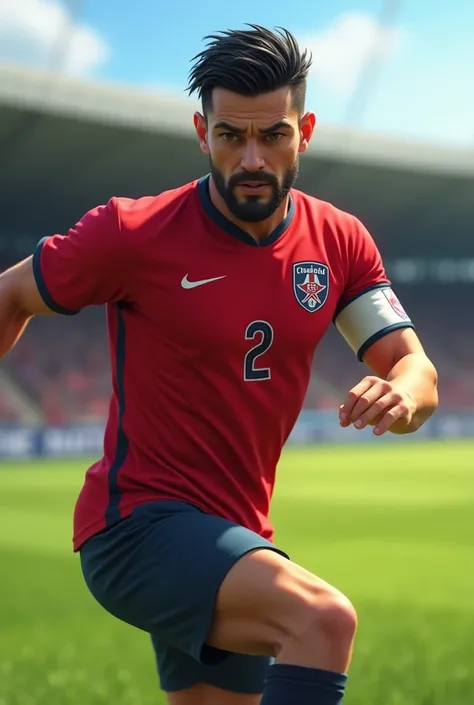 Middle aged white man with black hair and thin beard playing ball with captain&#39;s armband playing soccer with red team jersey number 2