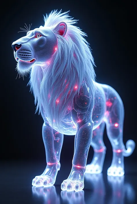 (masterpiece:1.2,Exceptional Quality,mirror-like,Cinematic Experience,Photorealistic:2.0,RAW Photos:2.0,Super detailed),8k,wallpaper,(Representing full body blueprints through holograms:2.0),(translucent lion:2.0), a lion ,(Design of A NEON Cyborg lion:2.0...