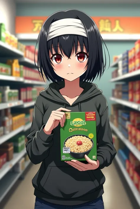 An 1 anime girl with short black hair, red eyes, a white bandage around her head, wearing boyish clothes, standing in a supermarket with a sharp, serious expression, holding a box of oatmeal in her hand.