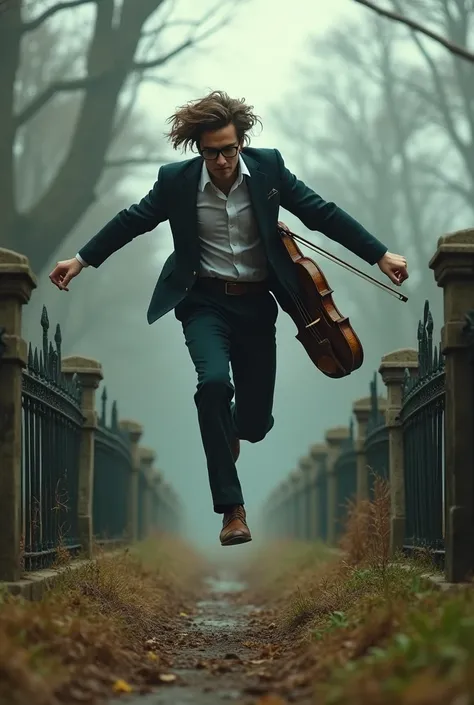 A young man in a suit, carrying a violin, with wavy, unruly hair and wearing glasses, jumps over the fences of a cemetery 