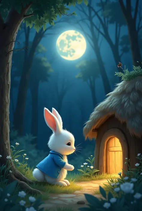 Leo Saying Goodbye to Mom:

"a white bunny, and wearing a blue outfit saying goodbye to her mother rabbit, that is at the entrance to a cozy den, while the moon shines in the background