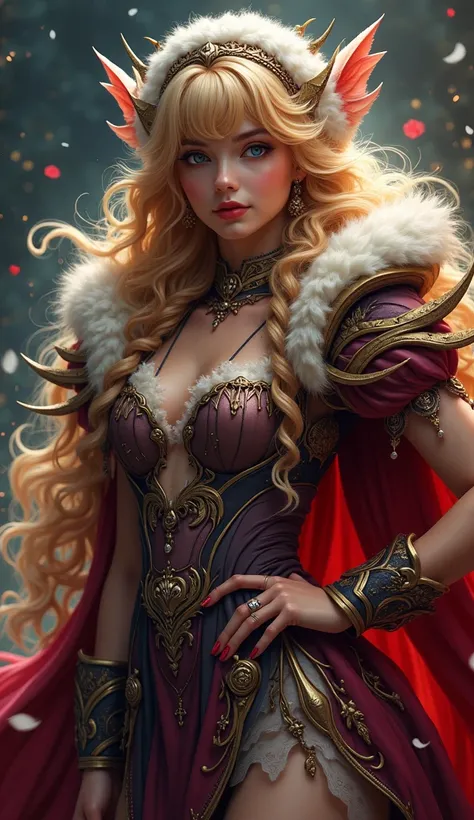 Young woman with yellow hair in fluffy outfit and fluffy hat, Fantasy character art, Awesome character art, Epic fantasy character art, HD fantasy art, Epic exquisite character art, Realistic fantasy artwork, Fantasy woman, Epic fantasy art style HD, Fanta...