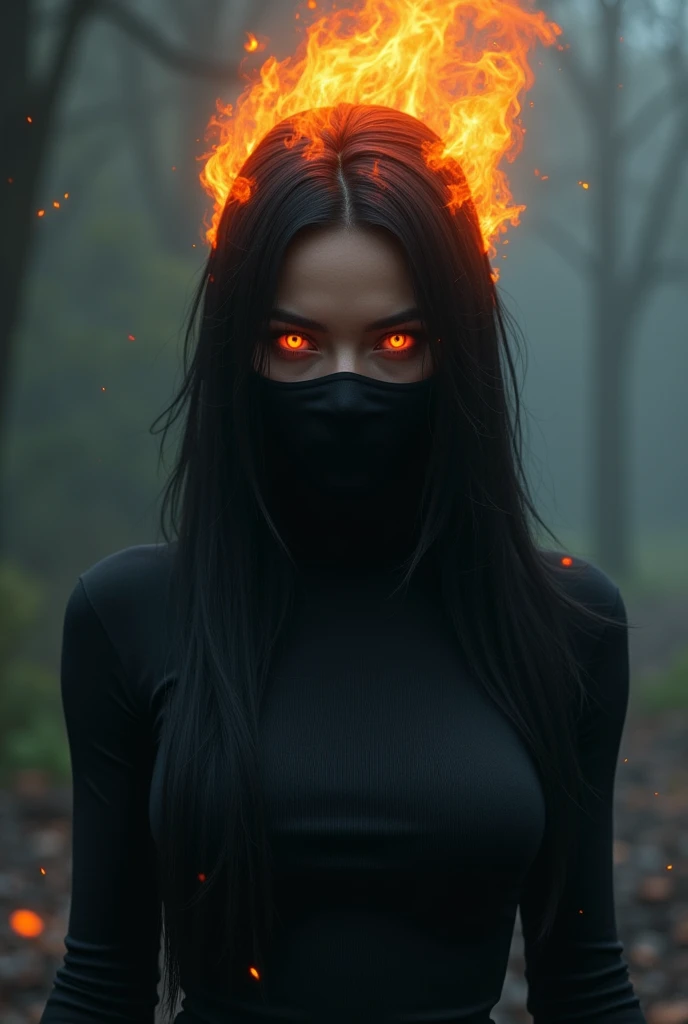 Female survival game character with long black hair covering the ears and straight parted in the middle and plain black mask, with a black turtleneck and eyes of fire, crown of fire on top of the hair
