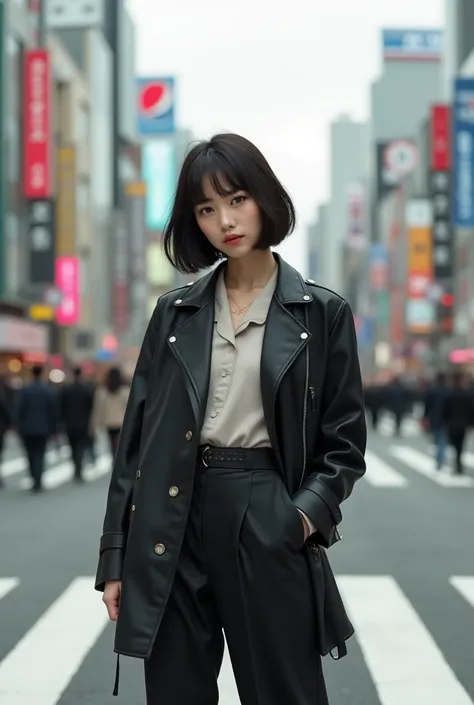 A young Japanese woman, age 25, in tune with Western fashion, bob hair crosses tokyo&#39;s biggest intersection, proud pose, neutral expression. blurred surroundings. Center of attention.