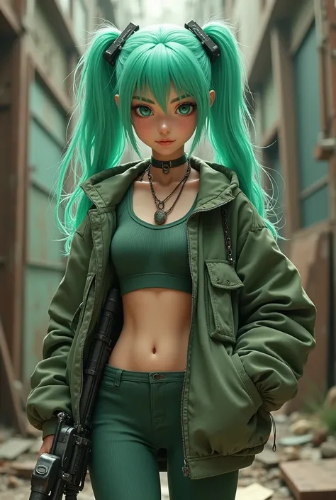 Beautiful girl with bright green twintails, oversized jacket, bellyfree green top, tight working pants, gun made out of scrap