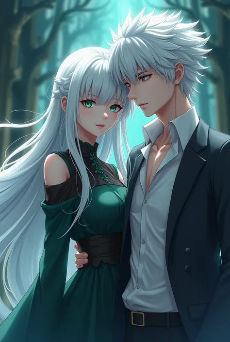 A woman with long whait hair and light green eyes astay next Gojo Satoru a man with white hair and blue eyes
[Anime style]