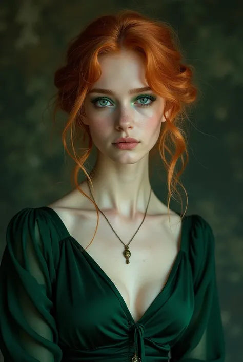 1 girl, curly ginger hair put into a low bun with loose side strands, ocean blue eyes with dark green eyeshadow, wearing a dark green floor length dress with a low cut neckline