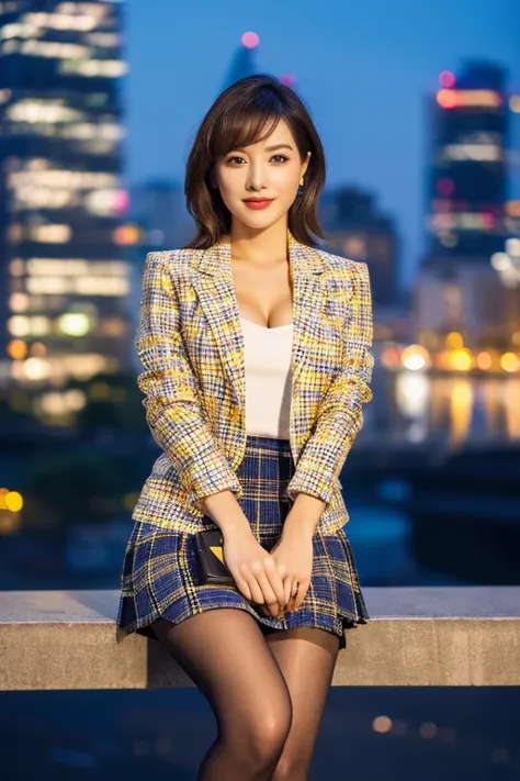 (A brightly patterned blazer)、Colorful business blouse、(A mid-length skirt with a flashy pattern:1.3)、((Full Body Portrait))、(silk pantyhose)、Sitting、(Both legs and high heels look beautiful.)、1 girl、Perfect Anatomy, Perfect body, Perfect hands, Perfect Fa...