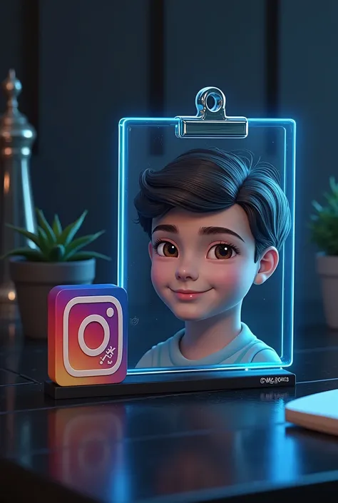 Create a Facebook profile on glass id card on a black desk displaying Instagram logo and realistic profile photo of a teenage boy in circle and "Arshad