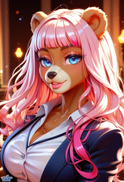 a beautiful ((anthro bear woman)), long hair with blue and pink highlights, voluptuous body, cheerful, sensual pose, fantasy amusement park, detailed facial features, detailed eyes and lips, 1 girl, digital art, cinematic lighting, highly detailed, concept...