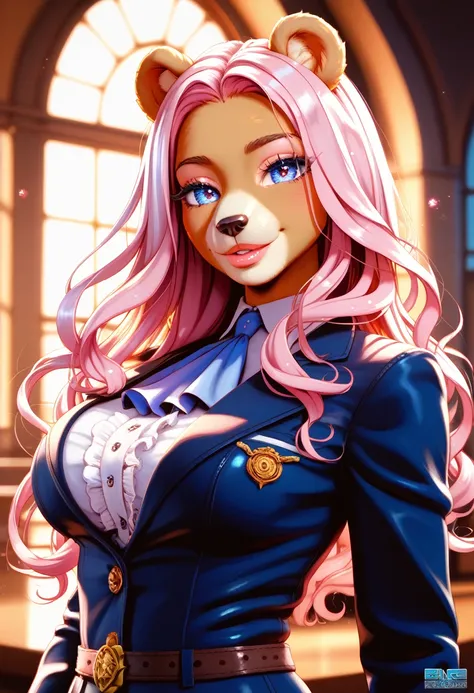 a beautiful ((anthro bear woman)), long hair with blue and pink highlights, voluptuous body, cheerful, sensual pose, fantasy amusement park, detailed facial features, detailed eyes and lips, 1 girl, digital art, cinematic lighting, highly detailed, concept...