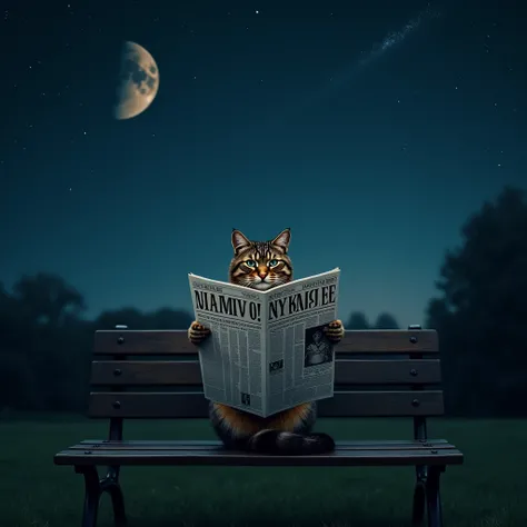 Hyper realistic photograph of a cat sitting on a park bench at night with a crescent moon in the starry night sky while that cat is reading a newspaper with the headline that says “It’s the end of the world!” in English 