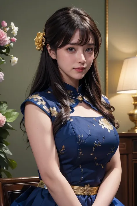 Medium display, Medium Shot, Written boundary depth, bust, Upper Body, Movie angle, masterpiece, Highest quality, Very detailed, CG, 8k wallpaper, Beautiful Face, Delicate eyes, Otome, alone, smile, bangs, skirt, shirt, have, Cobalt blue dress with gold tr...