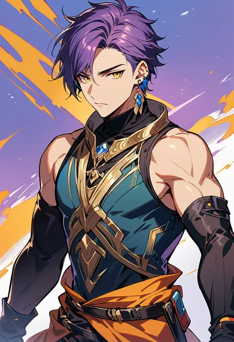 masterpiece, best quality,1 boy, male focus, alone, gloves, sleeveless shirt, purple hair, yellow eyes, sleeveless, bangs, black...