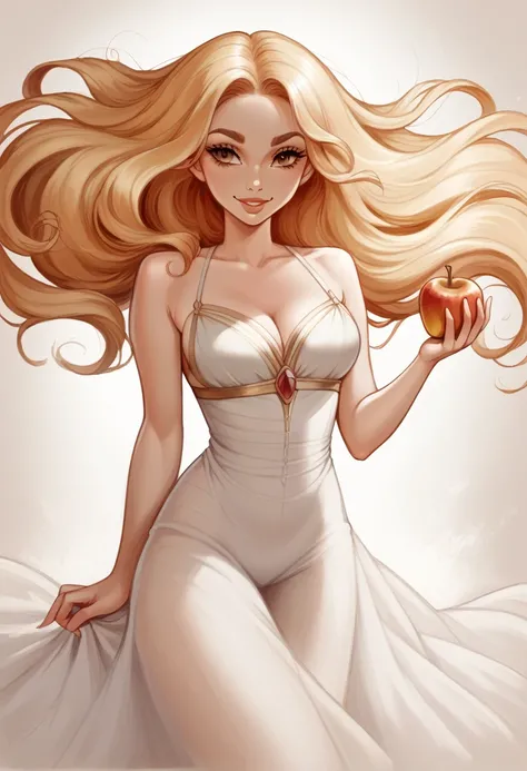 "A stunning figure representing the Greek goddess Aphrodite, with long, flowing golden hair that cascades in soft waves down her back, wearing a sheer, flowing white gown that accentuates her graceful form. She stands with an alluring and confident express...