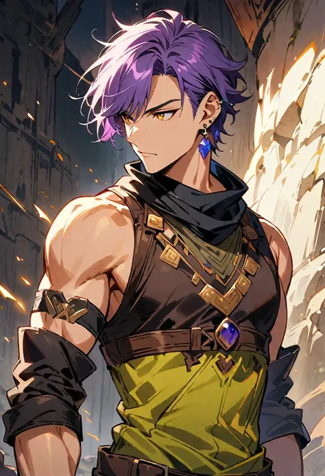 masterpiece, best quality,1 boy, male focus, alone, gloves, sleeveless shirt, purple hair, yellow eyes, sleeveless, bangs, black...