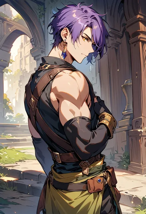 masterpiece, best quality,1 boy, male focus, alone, gloves, sleeveless shirt, purple hair, yellow eyes, sleeveless, bangs, black...