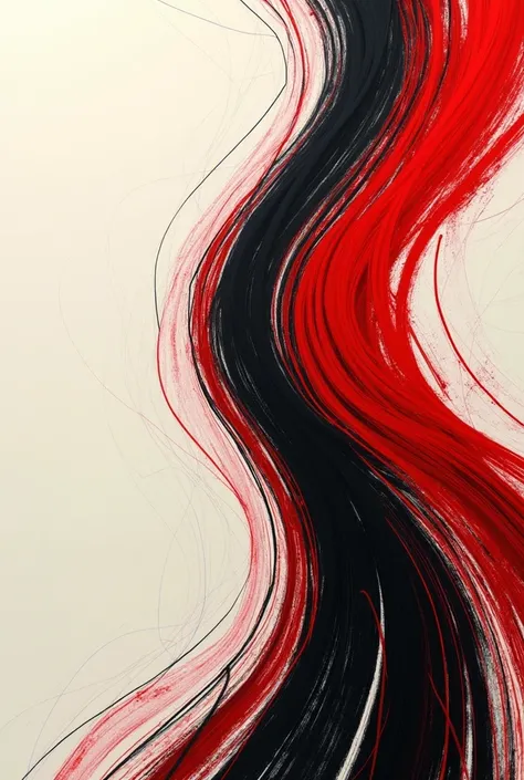 An abstract painting with Vascos colors (black, offwhite, and red). The painting has a swirling pattern with red and black lines. The background is offwhite. The overall image has a sense of movement.