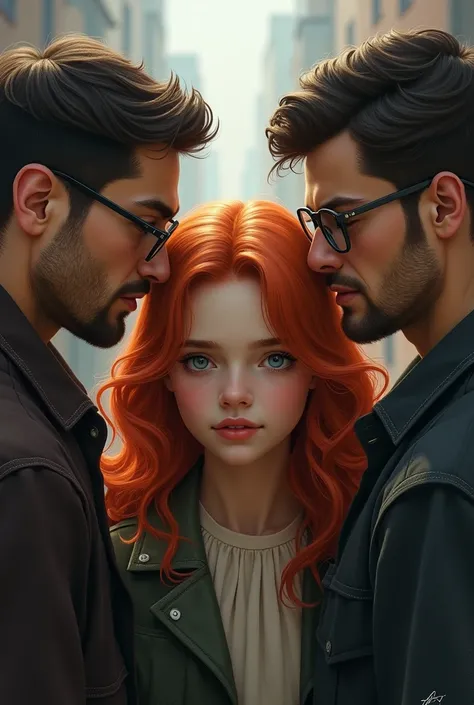 A girl with copper-colored hair and two men, that one has glasses