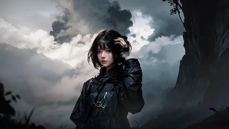 best quality, masterpiece, sunlight passing through hair, 1girl, fantasy, egirlmakeup, short dark black hair, (fog:1.3)