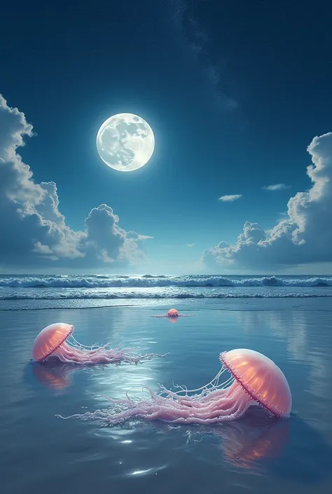 Low tide on the beach, with jellyfish, with the moon and the universe in the background