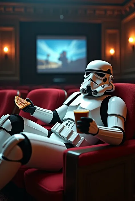 Stormtrooper drinks beer and eats pizza and watch movie war of the worlds in old cinema