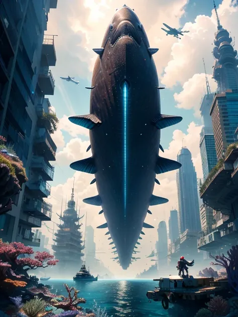 highres, shadows, absurdres, best_quality, ultra_detailed, 8k, extremely_clear, photograph, beautiful, sharp focus, hdr,
underwater, giant whale, fantastic location, dream, flying, underwater cyberpunk city