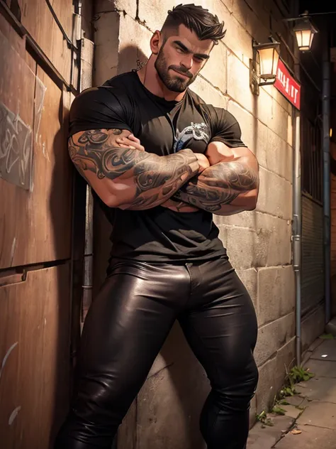 a handsome muscular man, 25anos, Very beauthful, Scrawny, masculine, Serious countenance, hairy and tattooed chest, strong arms,standing, leather pants, fair t-shirt, leaning against a wall, partially on its side, crossed arms, Serious countenance, dark ur...