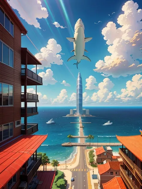 Shark swimming over the city，Looking up，Makoto Shinkai animation style，Makoto Shinkai animation art style，Ultra-wide angle of view，Chinese style，Red brick house in the 1980s，Vision，The colors are bright and bright，Super fine，Super detailed，high quality，8k ...