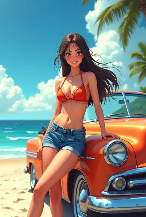 American girl on the beach wearing bikini and short denim shorts, leaning against vintage car, tudo em estilo anime