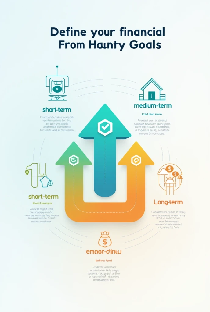 Créez une infographie moderne montrant trois objectifs financiers distincts : court terme, moyen terme, et long terme. Utilisez des icônes pour chaque objectif : une icône de vacances pour le court terme, une maison pour le moyen terme, et un fonds d’urgen...