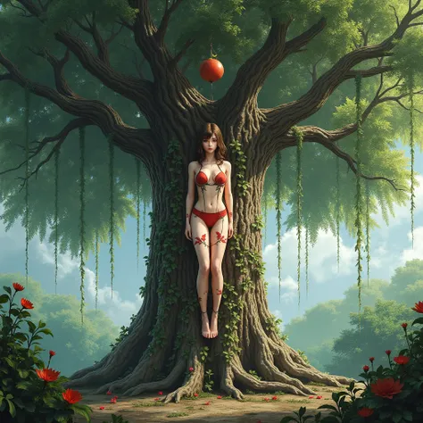 best quality,ultra-detailed,highly detailed ,master piece ,3D Anime realistic  of a large tree, there is a Beautiful woman ,(((Appearance details And her body is as clear and complete as possible:1.4) looking at the viewer with the area above her head The ...